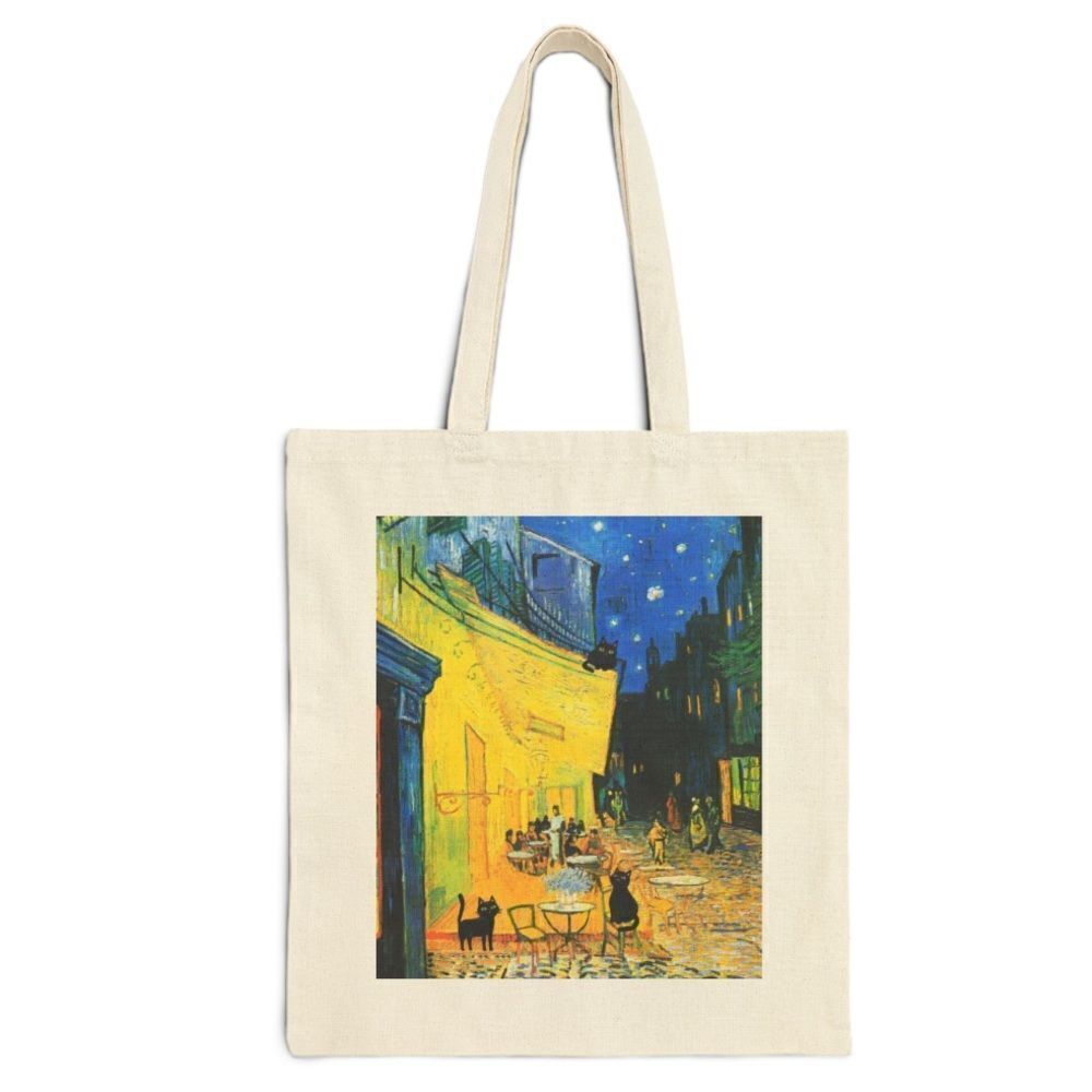 Van Gogh Cafe Terrace at Night Black Cat Tote